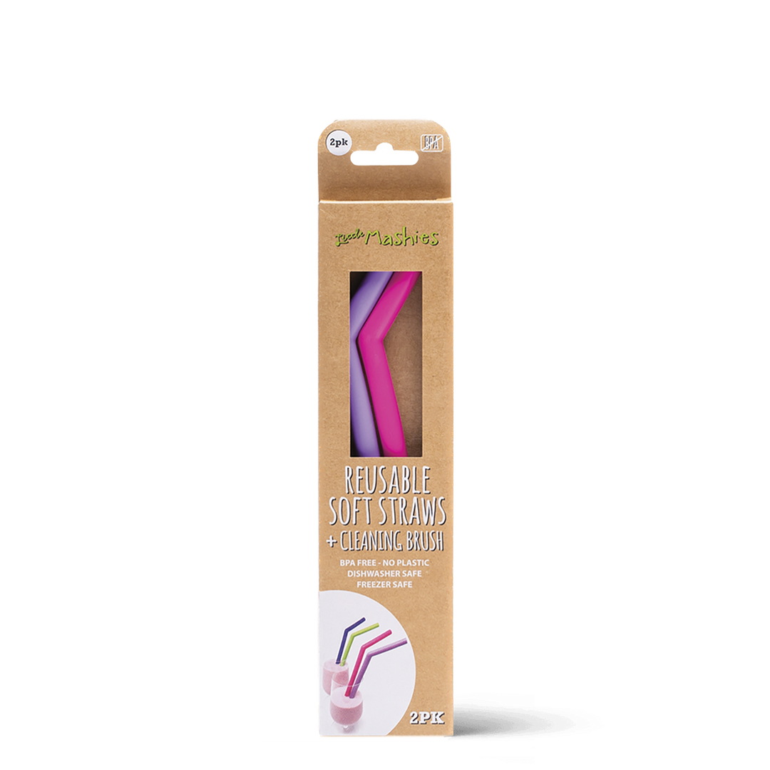 Reusable Soft Silicone Straws - Pink & Purple + Brush - 2 Pack