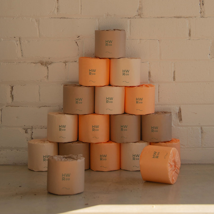 24 rolls of eco bamboo toilet paper in chic minimal packaging that is tree free and plastic free.